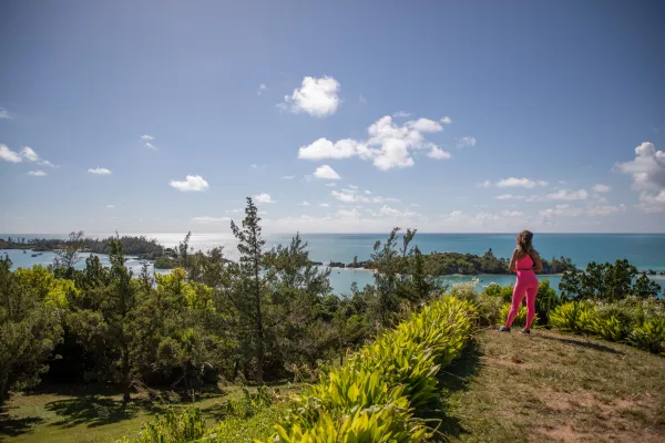 A woman is looking out at the water from a grassy viewpoint.