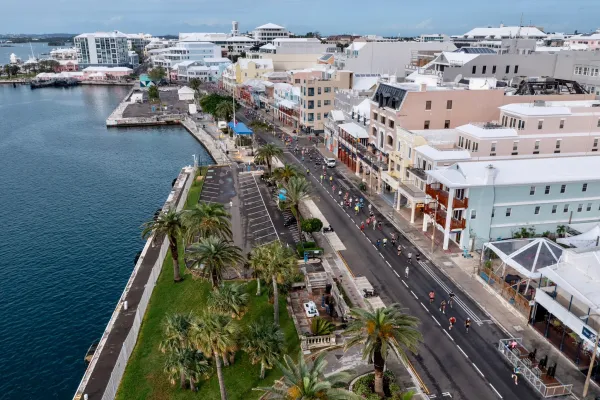 Aerial view of Front Street with Triangle Challenge Runners. 
