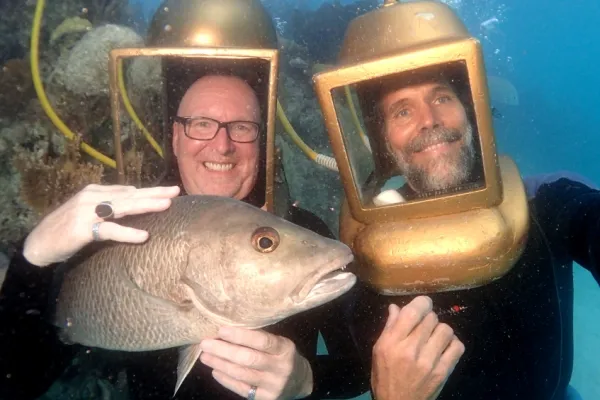 Hartley's Undersea Walk – Greg Hartley And John With Leroy The Grey Snapper