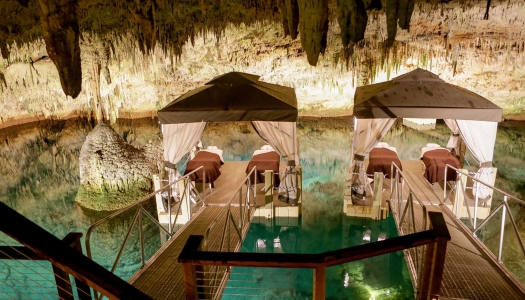 spa beds under a cave 