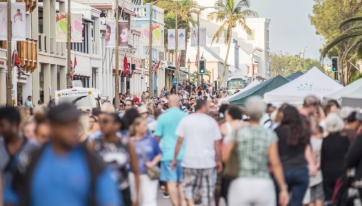 A crowded street in Bermuda during Harbour Nights summer street party