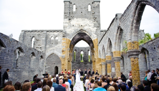 A wedding ceremony in an unfinished church