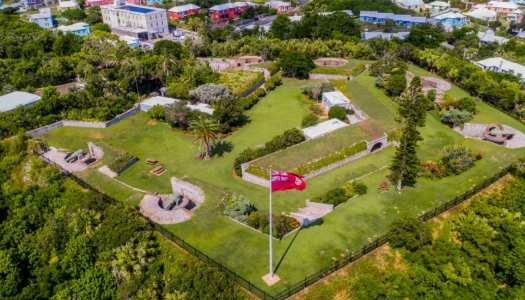 Aerial shot of an old fort and green space