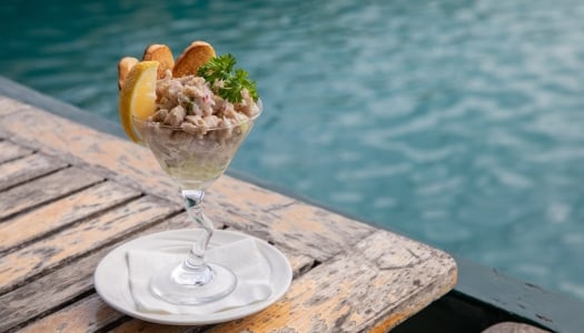 A shrimp cocktail on a patio table in Bermuda