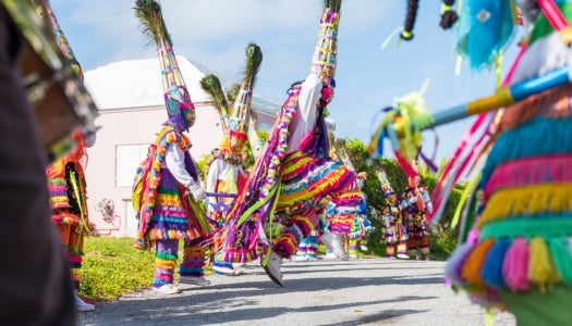 Colourful gombeys dancing in the streets.