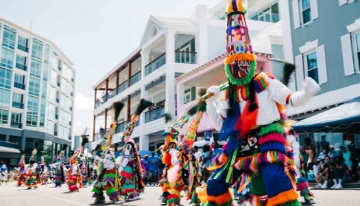 Colourful gombeys dancing in the streets.