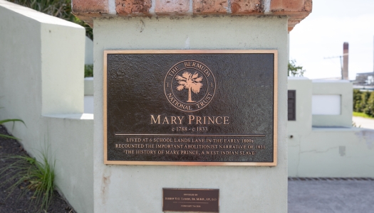 An up close angle of a plaque honouring Mary Prince.