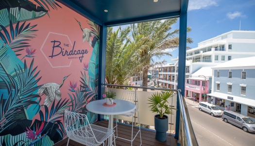 A view of Front Street from above at the Birdcage Bar.