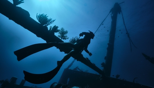 A person is diving underwater swimming next to an old shipwreck.