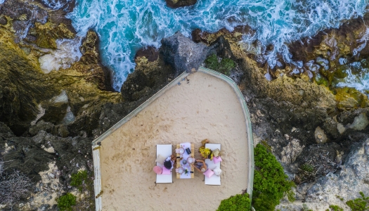 An aerial of a scenic picnic. 