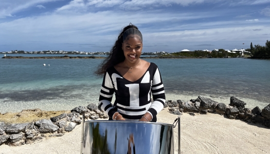 A woman is playing the steel pan.