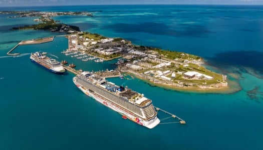 An aerial view of two large cruise ships in calm waters by a port.