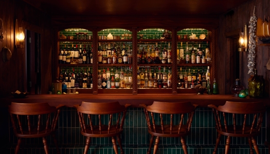A wide view of a bar.