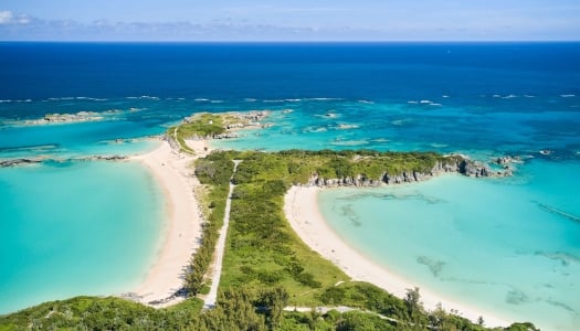 An aerial view of Cooper's Island with various beaches.