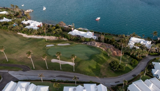 Aerial view of Belmont Golf Course with harbour views.