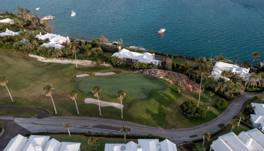 Aerial view of Belmont Golf Course with harbour views. 