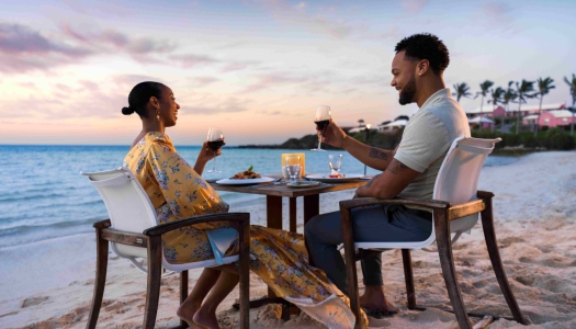 A couple is making a toast on the beach.