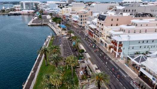 Aerial view of Front Street with Triangle Challenge Runners. 