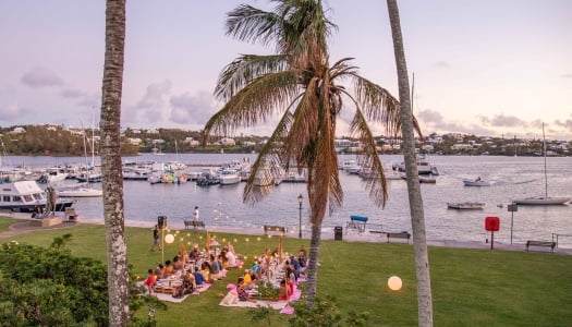 A group of people are sitting at an outdoor picnic.