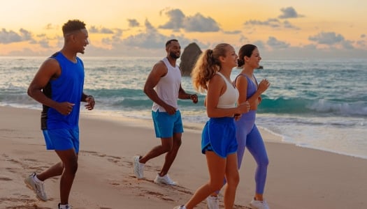 A group of friends are running on the beach.