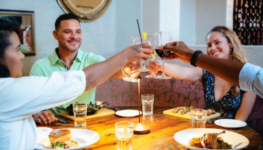 Friends are cheering at the dinner table.