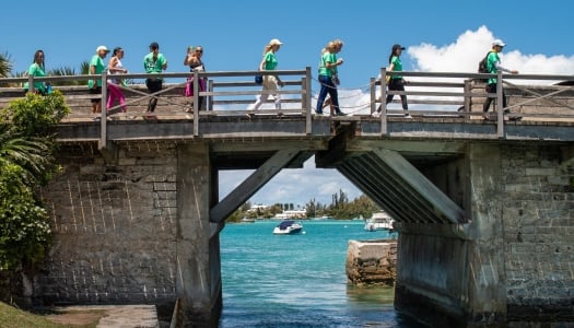 People are walking along the Somerset Bridge during the End to End.