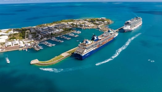 Aerial of cruise ships docked in Dockyard.