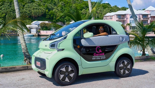 A woman is driving a microcar in scenic area with water and houses.