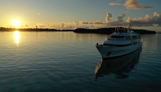 Drone view of a boat at sunset.