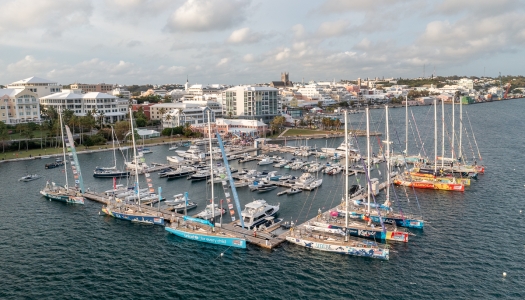 Aerial view of Royal Hamilton Yacht Club with colourful boats.