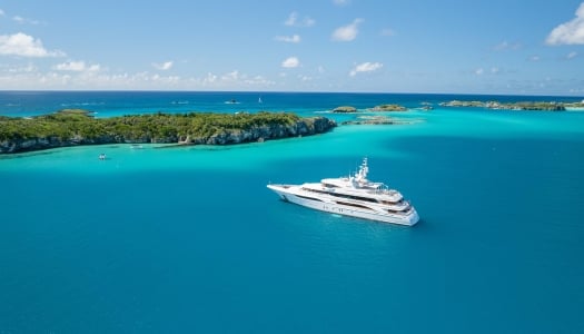 Aerial of Super Yacht in Castle Harbour.