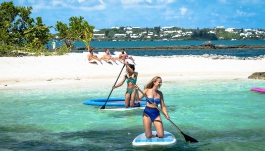 A group of people enjoying a private island beach day.