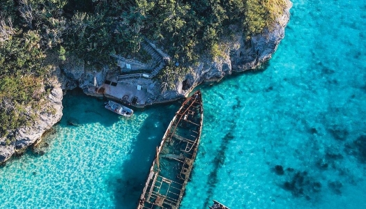 An aerial view of a shipwreck off the coast of Bermuda