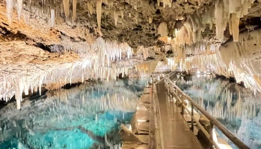 A wooden walkway through the crystal caves of Bermuda