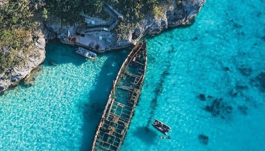 An aerial view of a shipwreck off the coast of Bermuda