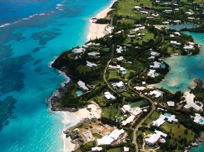 An aerial view of Bermuda with white sand beaches and blue waters.