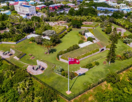 Aerial shot of an old fort and green space