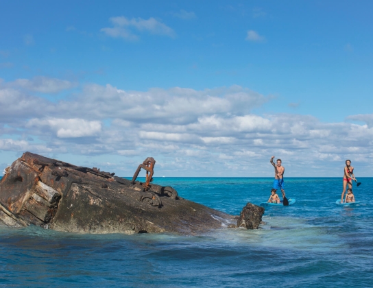 Family paddleboarding near the HMS Vixen