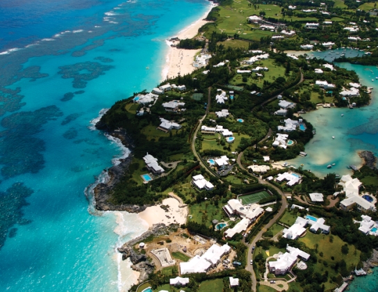 An aerial view of Bermuda with white sand beaches and blue waters.