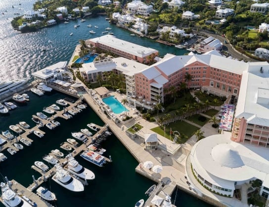 Aerial view of the Hamilton Princess pools.