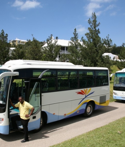 Buses with drivers outside