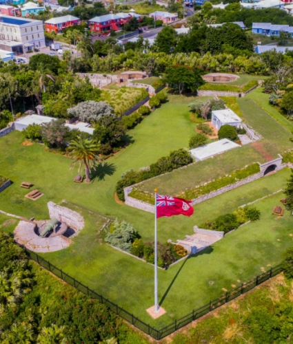 Aerial shot of an old fort and green space