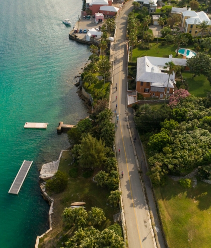 Aerial view of a race route along the coastline