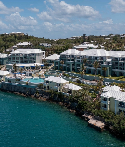 Aerial view of Newstead Belmont hotel with a lush greenery and a pool.