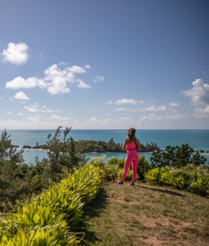 A woman is looking out at the water from a grassy viewpoint.