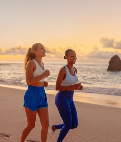 Two girls are running on the beach.