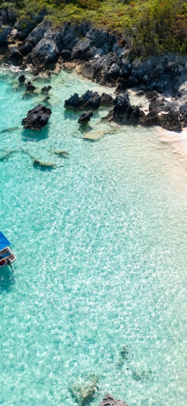 A family is on the beach with a boat floating in the distance.