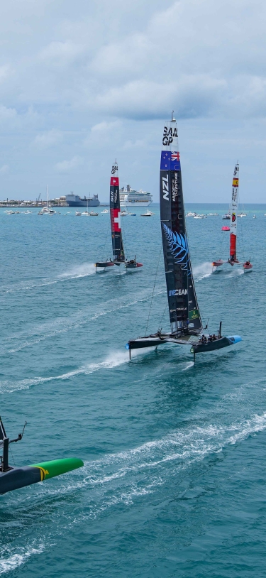 Birds eye view of boats racing during Sail GP.