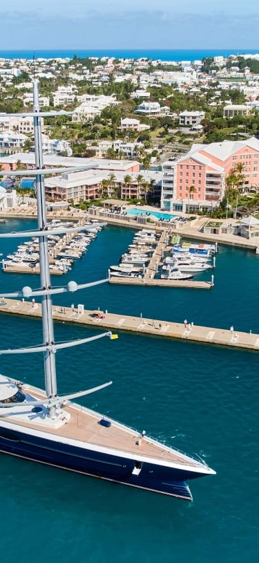Aerial of a super yacht arriving in Bermuda