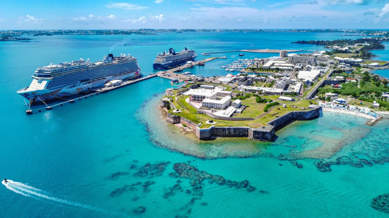 Aerial of a cruise ship docking in the western parish